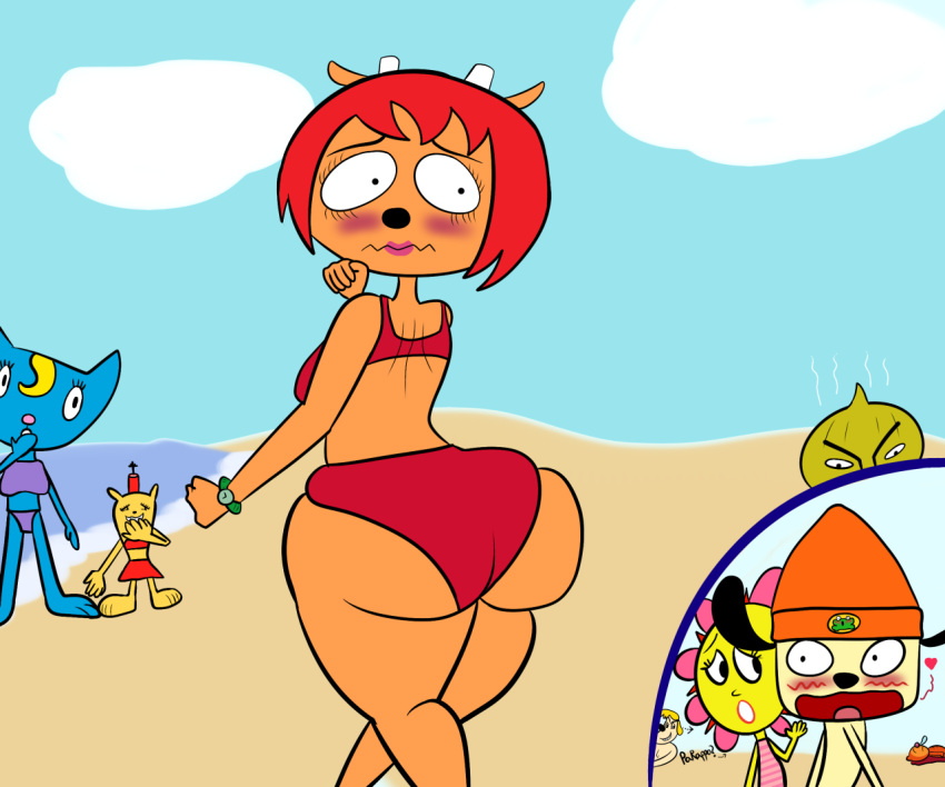 ass bear bikini blonde_hair blush butlova canine chop_chop_master_onion chubby dat_ass feline hetero horns interspecies joe_chin katy_kat lamb lammy_lamb large_ass ma-san parappa parappa_the_rapper pj_berri red_hair sony straight sunny_funny swimsuit um_jammer_lammy