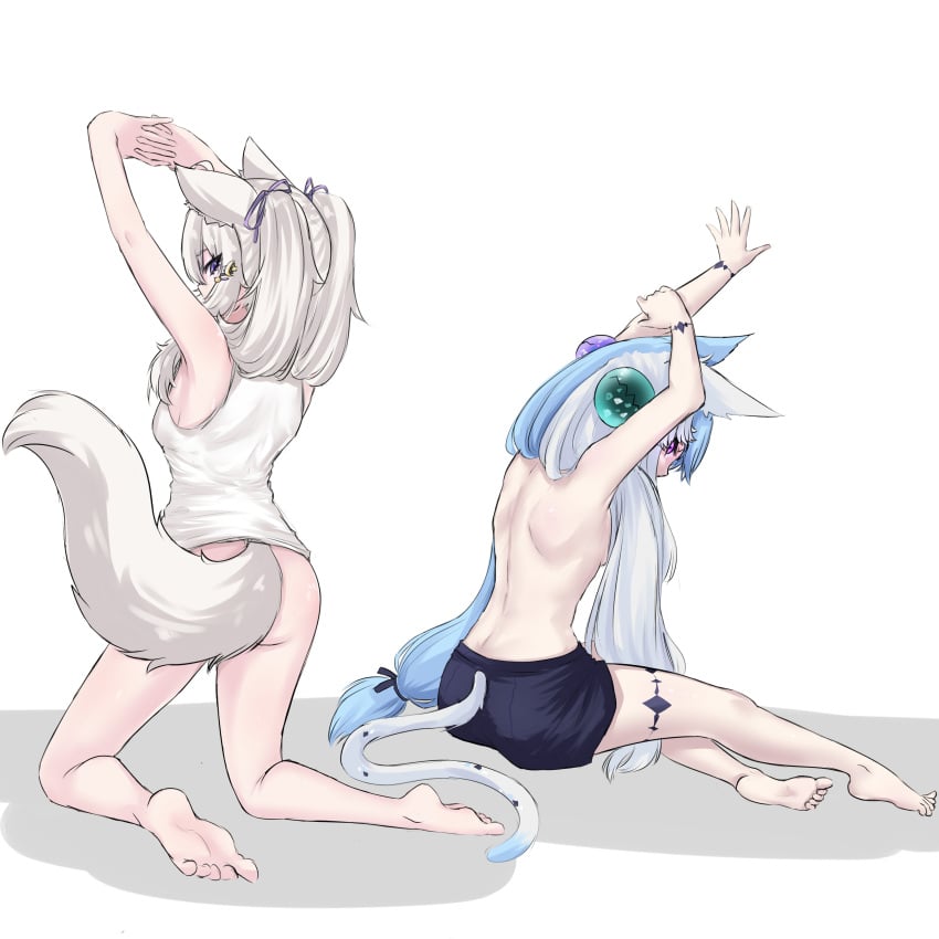 2025 2girls alien animal_ears aquwa arms_up back back_view barefoot blue_hair bottomless bottomwear_only catgirl cweamcat_(vtuber) duo fluffy_tail full_body hair_ornament hair_ribbon indie_virtual_youtuber kemonomimi kneeling long_hair looking_back looking_back_at_viewer pose rear_view ritspi shaded shadow sideboob sitting spats tank_top topless topwear_only twintails virtual_youtuber white_background white_hair