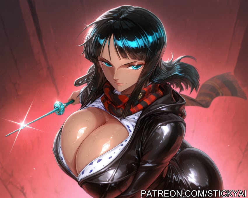 1girls ai_generated anime black_hair blue_eyes breasts clothing female female_only fit hogwarts nico_robin nsfw one_piece stickyai