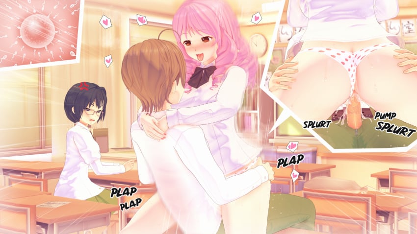 3d ass blush bystander classroom clothed clothed_sex clothing cowgirl_position cum cum_in_pussy cum_inside fertilization hakamichi_shizune impregnation indoors katawa_shoujo male/female male_penetrating_female mikado_shiina nakai_hisao panties panties_aside penis pink_hair public_sex school_uniform sex sitting steam tongue_out vaginal_penetration vaginal_sex witchanon