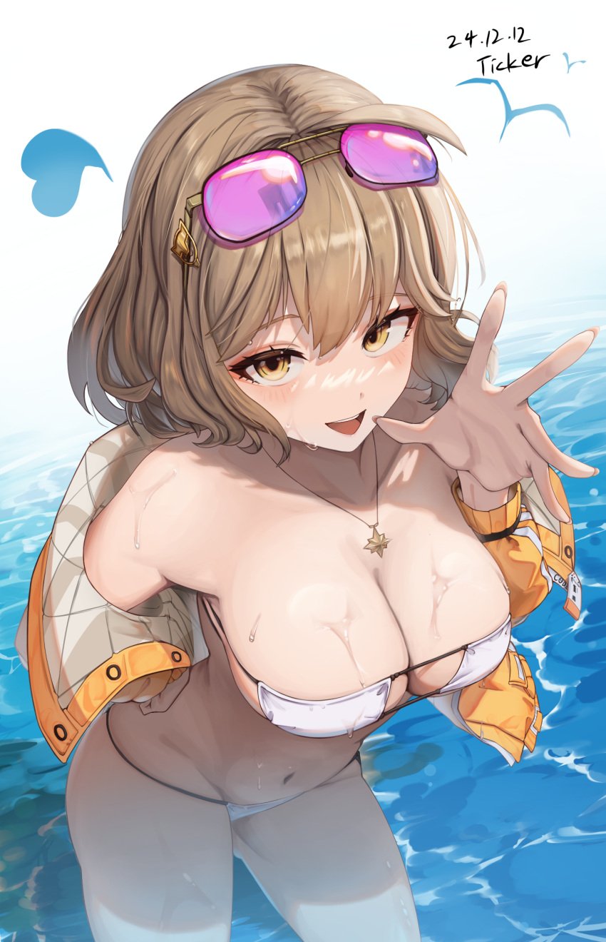 1girls anis_(nikke) anis_(sparkling_summer)_(nikke) aviator_sunglasses bikini blush breasts brown_eyes brown_hair cleavage collarbone commentary_request eyepatch_bikini eyewear_on_head female foreshortening goddess_of_victory:_nikke hand_on_own_hip highres jacket jewelry large_breasts long_sleeves looking_at_viewer necklace official_alternate_costume open_clothes open_jacket open_mouth partially_submerged purple-tinted_eyewear short_hair smile solo sunglasses swimsuit ticker_(kks2ksy) tinted_eyewear white_bikini yellow_jacket