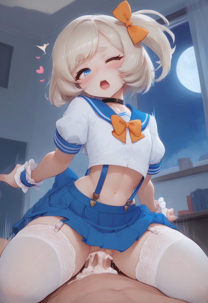 ai_generated blonde_hair blue_eyes blush bow choker civitai cowgirl_position cum cum_in_pussy cum_inside cum_splatter flat_chest garter_straps hairbow heart indie_virtual_youtuber marimari_en motion_lines on_top one_eye_closed open_mouth petite platinum_blonde_hair ponytail pov rough_sex school_uniform sex short_hair shortstack side_ponytail skirt suspenders thighhighs uniform virtual_youtuber