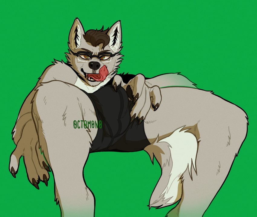 0ct0m0n0 anthro black_bottomwear black_clothing bottomwear brown_eyes brown_hair bulge bulge_grab canid canine clothing detailed_bulge doc_(bunrakuken) eyewear fangs fur glasses green_background grey_body grey_fur hair hi_res licking licking_lips licking_own_lips looking_at_viewer lying male mammal on_back open_mouth red_tongue short_hair simple_background solo solo_male teeth tongue tongue_out white_body white_fur