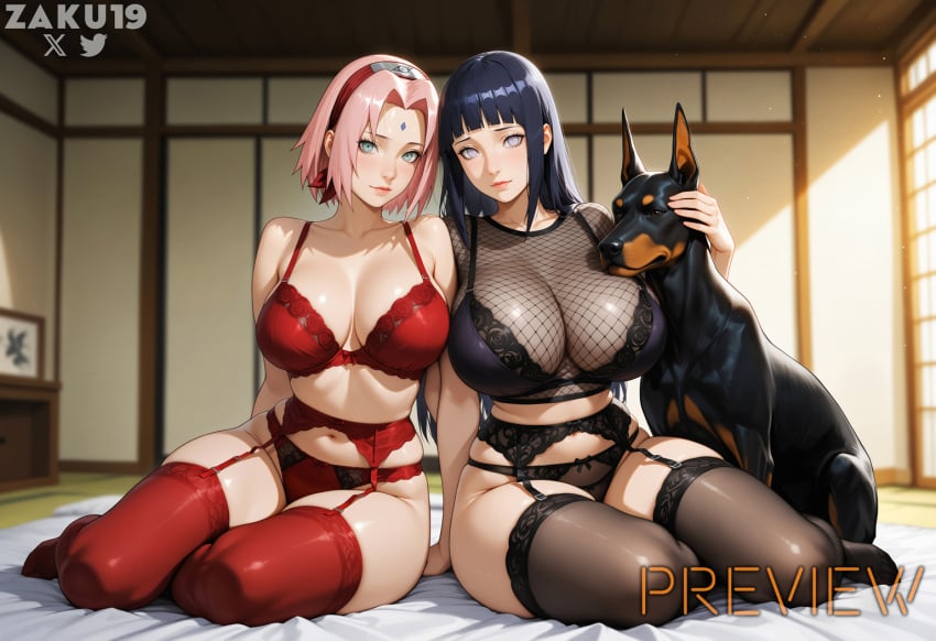 2025 2girls ai_generated breasts_bigger_than_head canine fishnet_topwear futon garter_belt hyuuga_hinata imminent_bestiality imminent_sex lace_trim naruto naruto_(series) sakura_haruno seductive stable_diffusion thighhighs zaku19