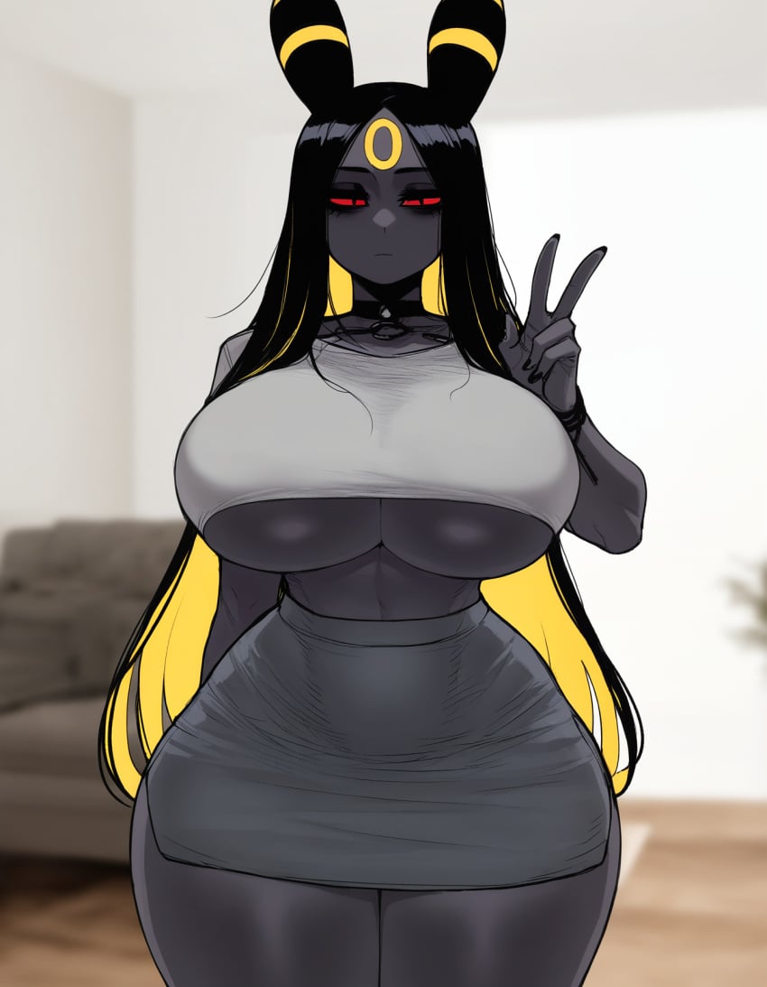 1girls ai_generated anthro big_ass big_breasts black_skirt curvaceous curvy curvy_figure female female_only huge_ass huge_breasts nintendo pokemon pokemon_(species) skirt solo thick_thighs umbreon voluptuous voluptuous_female wide_hips