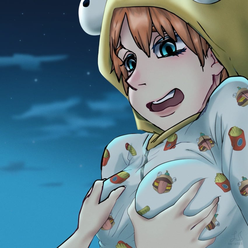 blue_eyes blush breast_grab breasts digital_media_(artwork) fair_skin fortnite fortnite:_battle_royale fully_clothed ginger ginger_hair grabbing_breasts hands_on_breasts night onesie onesie_(fortnite) open_mouth orange_hair