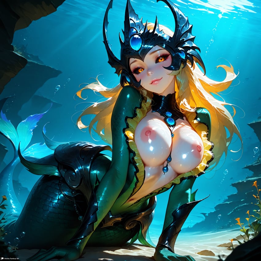 1female 1girls ai_generated black_sclera blonde_hair breasts cleavage colored_sclera eyelashes eyeliner fantasy female female_focus female_only fin fins helmet horny jewel jewelry league_of_legends long_hair looking_at_viewer makeup medium_breasts mermaid mermaid_tail nami_(league_of_legends) orange_eyes riot_games scales sensual sexually_suggestive sexy shiny_skin siren solo solo_female solo_focus stable_diffusion stblfantasy submarine suggestive suggestive_look underwater wet wet_hair