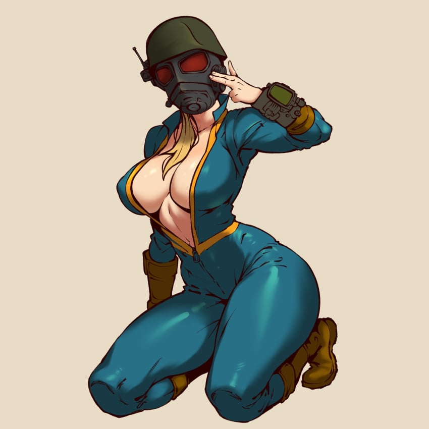 1girls 2024 cleavage clothing digital_media_(artwork) fallout fallout_new_vegas greaterkeytattoos mask pip-boy ponytail vault_suit