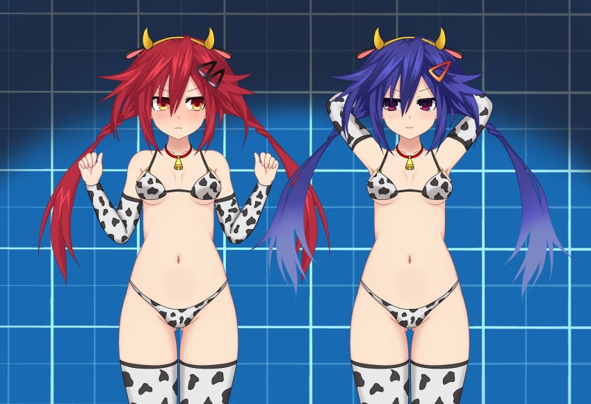 2girls armpits arms_up bikini blue_hair blush cow_print kurome_ankokuboshi light_skin looking_at_another neptunia_(series) open_mouth orange_eyes purple_eyes red_hair s.g.sho small_breasts thighhighs twintails uzume_tennouboshi