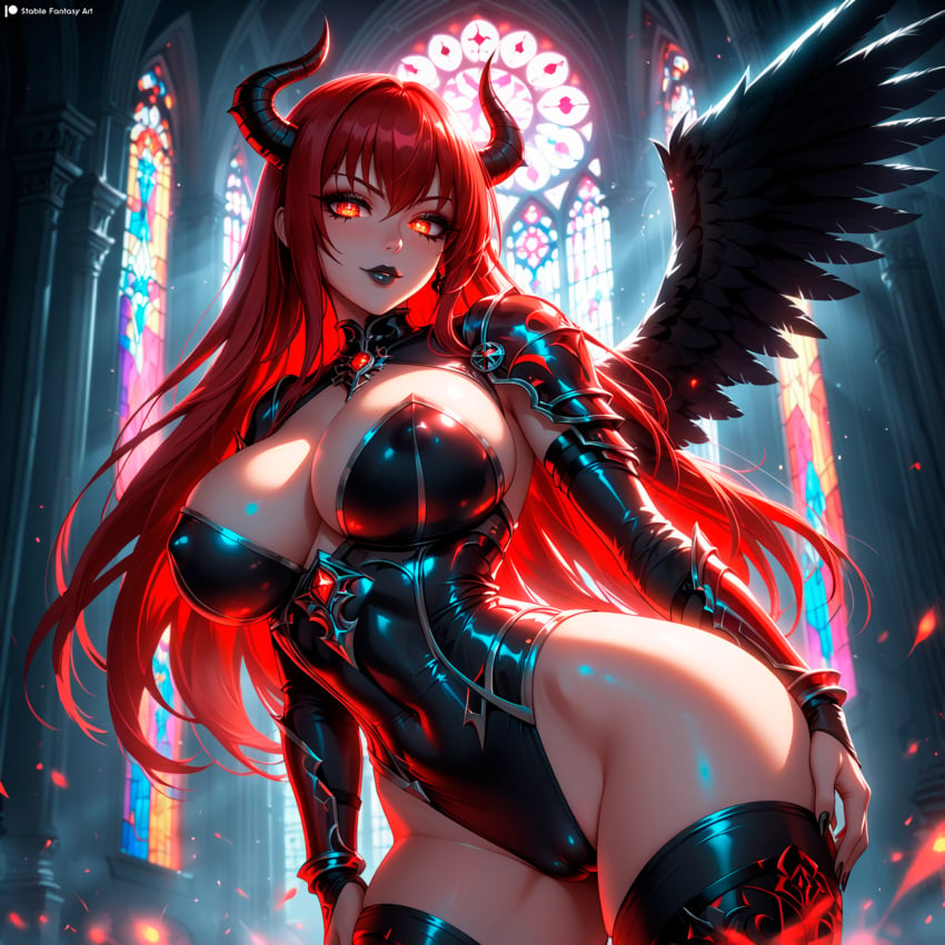 1female 1girls ai_generated ass bangs belly_button big_ass big_breasts black_wings blush blushing_at_viewer boob breasts child_bearing_hips church curvy curvy_female curvy_figure dark_aura demon demon_girl demon_horns devil devil_horns dominatrix fallen_angel fantasy female femdom fire_eyes horn horns horny huge huge_ass innie_belly_button light-skinned_female long_hair looking_at_viewer morrigan_(stblfantasy) navel original pale-skinned_female patreon presenting_breasts princess red_eyes red_hair sadistic sensual sexually_suggestive sexy shiny_skin solo solo_female solo_focus stable_diffusion stblfantasy suggestive thick thick_thighs thighs toned toned_body toned_female very_long_hair voluptuous voluptuous_female warrior window