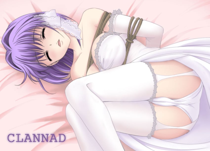 bent_over bondage bow clannad clothing dress elbow_gloves fujibayashi_kyou fujibayashi_ryou garters gloves nightmare_(pixiv) panties sleeping stockings straight_hair thighhighs underwear wedding_dress youshuu zettai_ryouiki