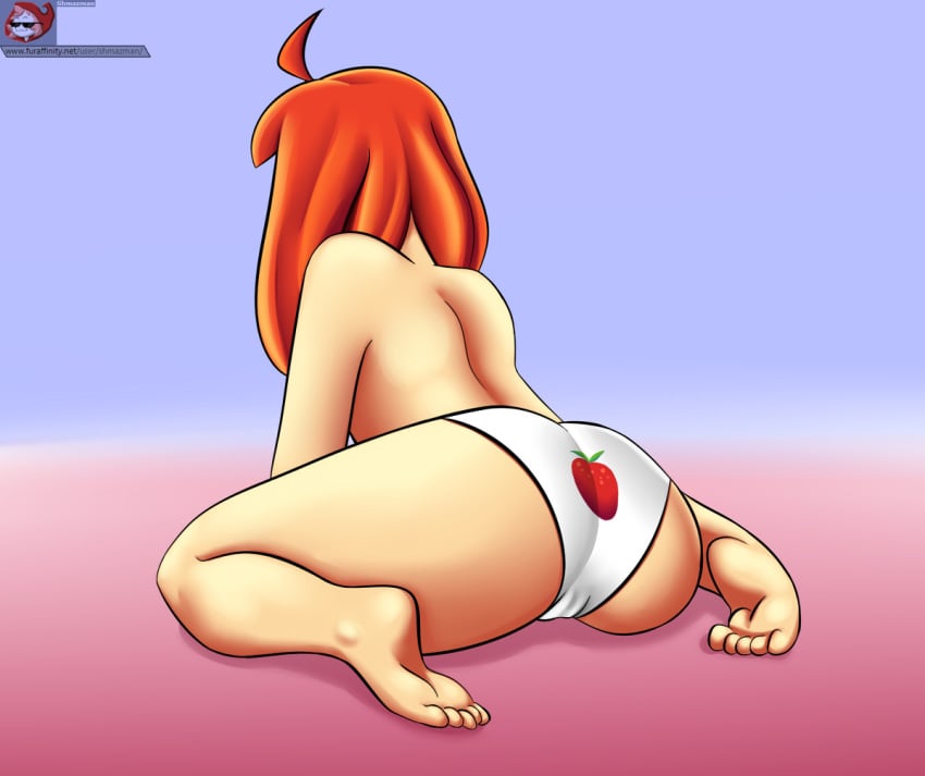 1girls ass back barefoot celeste_(game) feet female female_only filler_shmazman huge_ass madeline_(celeste) orange_hair panties soles thick_thighs thighs toes underwear wide_hips