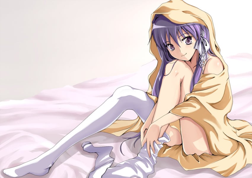 bow clannad clothing fesuta footwear fujibayashi_kyou long_hair naked_sheet purple_eyes purple_hair ribbon ribbons sheets smile socks solo stockings straight_hair thighhighs thighhighs_pull