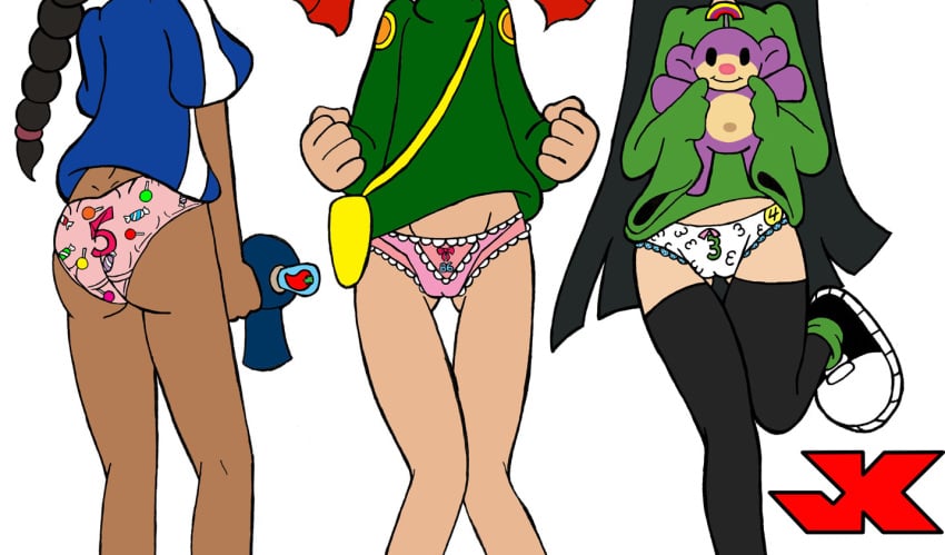 3girls abigail_lincoln black_hair codename:_kids_next_door dark-skinned_female dark_skin fanny_fullbright jk kuki_sanban multiple_girls numbuh_3 numbuh_5 numbuh_86 panties red_hair straight_hair