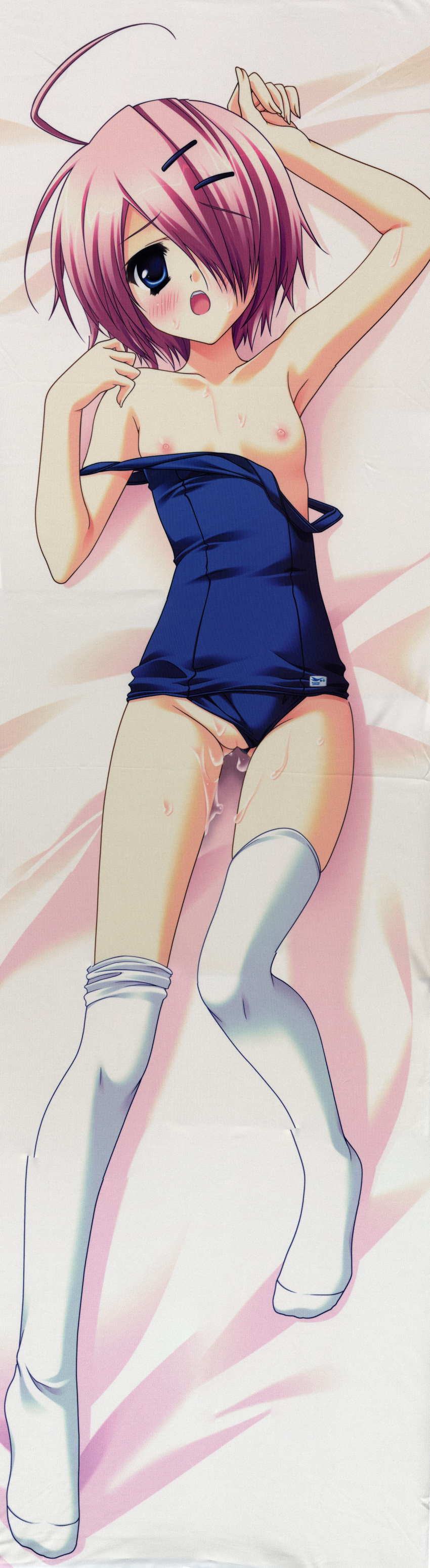 1girls akane-iro_ni_somaru_saka bed blue_eyes blush breasts dakimakura feet female fixme flat_chest footwear hair_over_one_eyes high_resolution long_image nipples one-piece_swimsuit pussy pussy_juice red_hair ryohka ryouka_(suzuya) school_swimsuit shiraishi_nagomi short_hair socks solo swimsuit swimsuit_aside swimsuit_pull tall_image thighhighs uncensored undressing