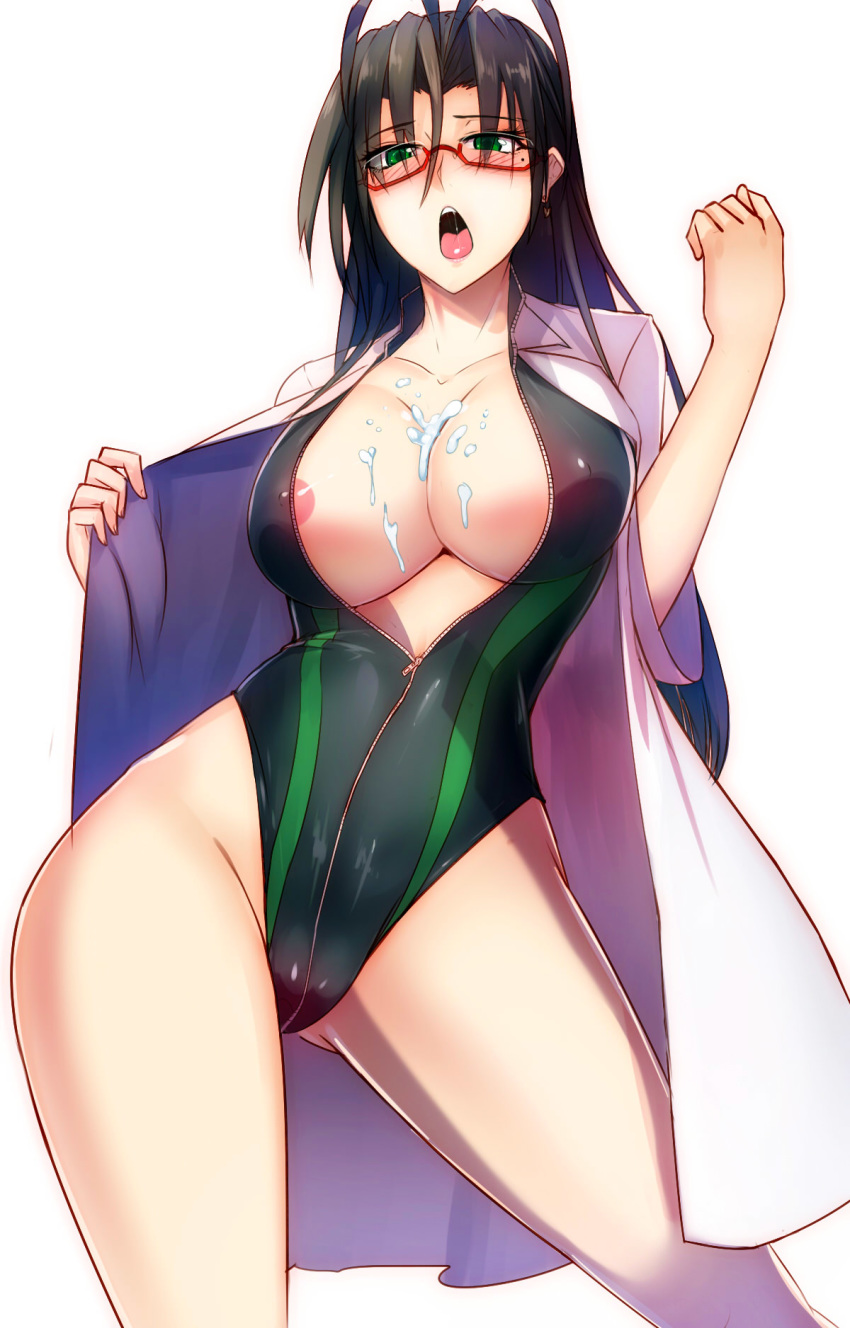 1girls 2015 adult adult_female angel antenna_hair areolae black_hair blush breasts cameltoe cleavage covered_nipples cream female front_zipper_swimsuit glasses green_eyes hasegawa_chisato highres kairos+ labcoat large_breasts light-skinned_female light_skin long_hair md5_mismatch milf mole mole_under_eye nipple_slip nipples one-piece_swimsuit open_mouth pointy_chin saliva shinmai_maou_no_testament simple_background solo standing swimsuit thick_thighs thighhighs unzipped_bodysuit white_background