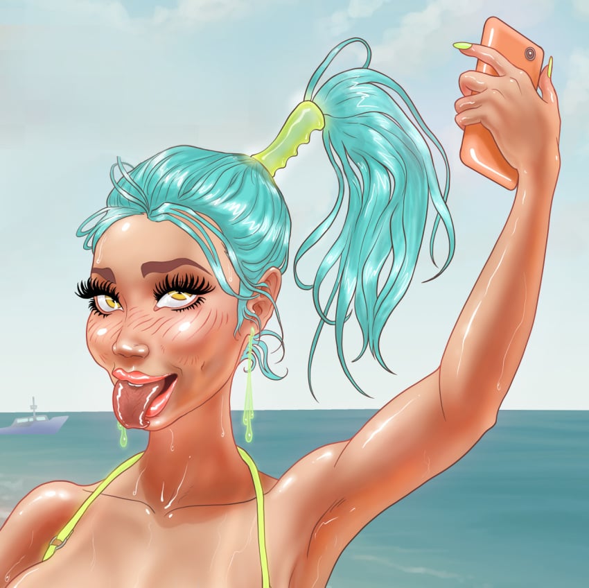 ahegao asian babe beach bikini blue-hair blue_hair blush blushing dimples earrings filipina hairclip handlebar neon phone ponytail selfie smartphone tongue yellow_eye