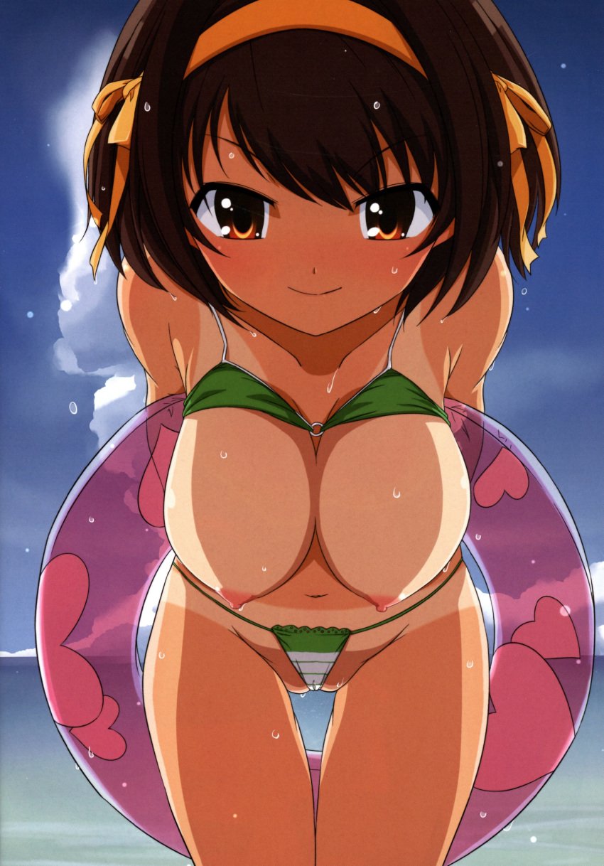 absurdres bent_over bikini bikini_lift blush breasts breasts_out brown_eyes brown_hair female hanging_breasts haruhisky highres large_breasts looking_at_viewer nipples ribbon scan scanning_dust short_hair smile solo suzumiya_haruhi suzumiya_haruhi_no_yuuutsu swimsuit tan tanline thigh_gap