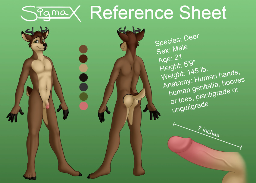 1boy 2011 5_fingers anthro antlers ass balls brown_fur cervine deer disembodied_penis english_text erection flaccid front_view fur green_background horn humanoid_penis male male_only mammal model_sheet nude penis rear_view sigma_(character) sigma_x simple_background smile solo text