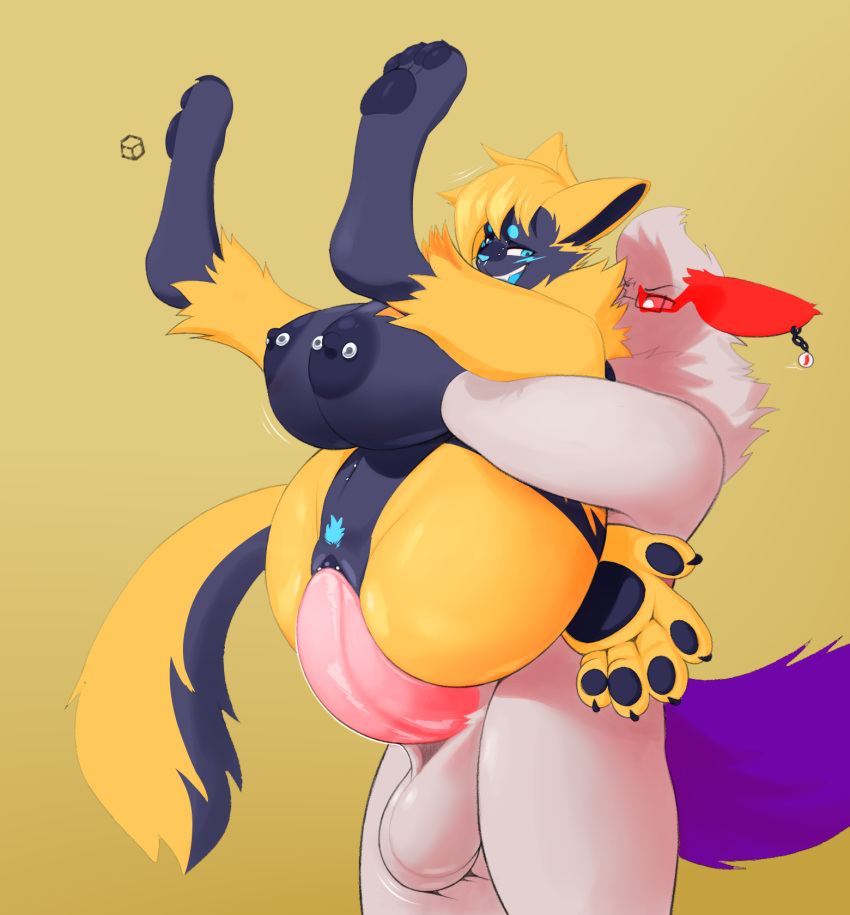 anthro areola balls big_breasts big_butt big_hands black_body black_nipples black_pawpads blonde_hair blue_eyes blue_facial_markings blue_nose blue_pubes blue_tongue bodily_fluids bouncing_balls breasts bridge_piercing butt chain_piercing claws digital_media_(artwork) duo ear_piercing erection eyewear eyewear_only facial_markings facial_piercing felid feline felis female female_penetrated full_nelson fur generation_3_pokemon generation_7_pokemon genital_fluids genital_piercing genitals glasses glasses_only hair head_markings hi_res huge_breasts humanoid_genitalia humanoid_penis kureto leg_markings legendary_pokemon male male/female male_penetrating male_penetrating_female mammal marble markings multicolored_body navel navel_piercing nikita_sakimoto_(zeddkatt) nintendo nipple_piercing nipples nose_piercing nude open_mouth pawpads paws penetration penile penile_penetration penis penis_in_vagina piercing pink_penis pink_sclera pokemon pokemon_(species) pubes purple_tail sex side_view simple_background smile stand_and_carry_position standing standing_sex tail teeth thick_thighs tongue vaginal vaginal_penetration vulva vulva_piercing wearing_glasses white_balls white_body white_eyes white_fur white_hair yellow_background yellow_body yellow_fur zangoose zeraora