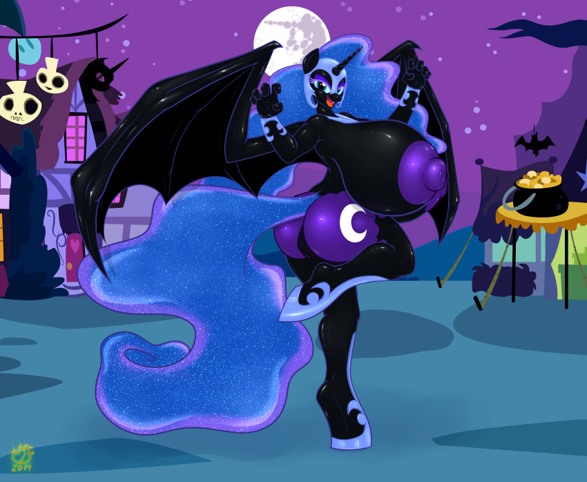 2015 absurd_res alicorn anjuneko anthro anthrofied areola ass badgerben bat_wings big_breasts blue_eyes breasts cutie_mark dark_persona equine fangs female friendship_is_magic full_moon hair halloween hi_res holidays horn huge_breasts hyper hyper_breasts long_hair looking_at_viewer mammal moon my_little_pony nightmare_moon_(mlp) nipples open_mouth outside princess_luna_(mlp) pussy raised_leg solo wings