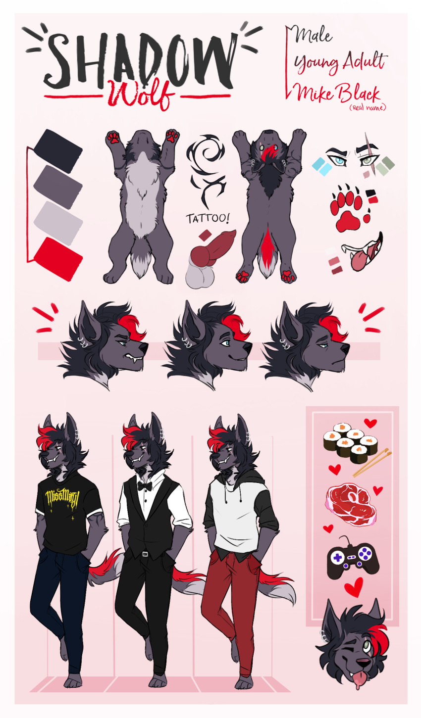 anthro blind_eye bow_tie canine claws clothing colored_hair controller ear_piercing feral food hoodie knot male mammal mike_black model_sheet mohawk pawpads piercing rawrer scar steak sushi tattoo tongue tongue_out tuxedo wolf