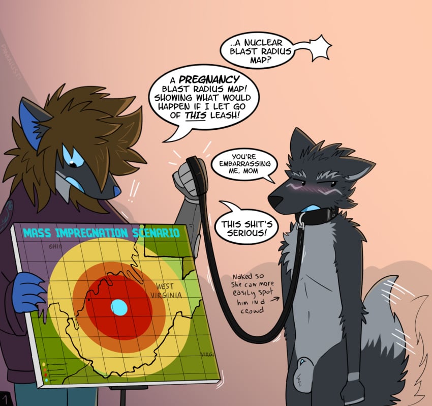 age_difference anthro balls black_nose blue_body blue_eyes blue_insides blue_skin blush blush_lines brown_hair canid canine canis circe_(pankallisti) dialogue duo embarrassed embarrassed_naked_male english_text female fur genitals grey_body grey_fur hair holding_leash holding_object humor impregnation_risk incest_(lore) leash malakai_(malakai) male male/female mammal map mother_(lore) mother_and_child_(lore) mother_and_son_(lore) murid murine nude older_female pankallisti parent_(lore) parent_and_child_(lore) parent_and_son_(lore) peeking_penis prosthetic prosthetic_arm prosthetic_limb public public_nudity rat rodent son_(lore) speech_bubble tail tail_motion tailwag text wolf younger_male