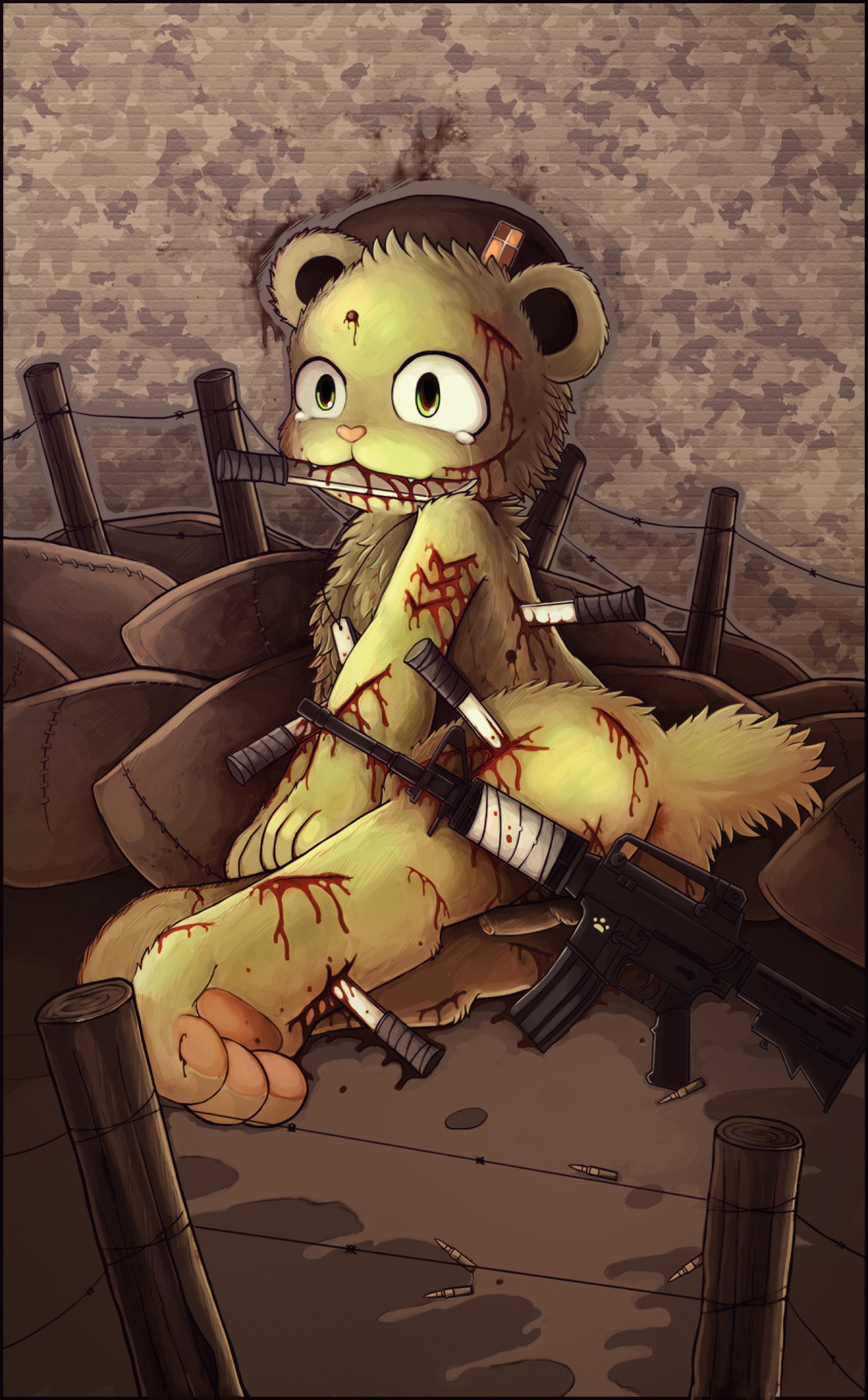 barbed_wire bear blood feanor flippy flippy_(htf) gore gun happy_tree_friends knife male mammal ranged_weapon solo weapon what wounded