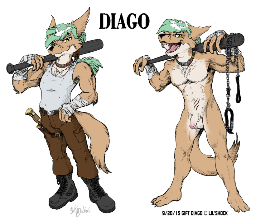 2015 anthro arm_wraps balls barefoot baseball_bat bitterjackal boots canine clothing collar dingo english_text flaccid flat_colors footwear grin khakis leash looking_at_viewer male_only mammal multiple_images multiple_poses naughty_face nude open_mouth partially_retracted_foreskin pecs penis pose scar sharp_teeth signature teeth text uncut