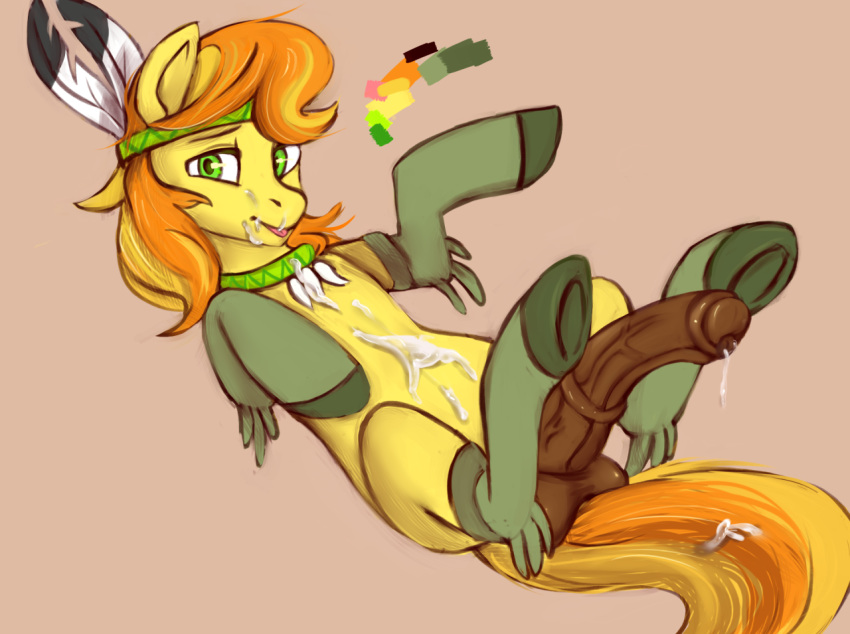 2015 animal_genitalia balls braeburn braeburn_(mlp) clothing cum cum_on_chest cum_on_face cum_on_stomach darkened_genitals earth_pony equine erection feathers feral friendship_is_magic green_eyes hair horse horsecock legwear looking_at_viewer lying male male_only mammal multicolored_hair my_little_pony on_back orange_hair penis ponsex pony simple_background solo tongue tongue_out two_tone_hair vein