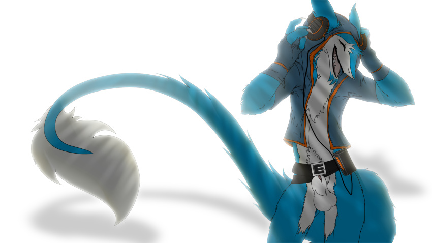 1boy 2015 animal_genitalia anthro balls blue_fur bottomless chest_tuft claws closed_eyes clothed clothing dancing facial_hair flaccid fluffy fur gamblefur goatee half-dressed headphones long_tail male male_only mammal marshal_blue open_mouth penis sergal sheath simple_background smile solo teeth tongue tuft white_background white_fur