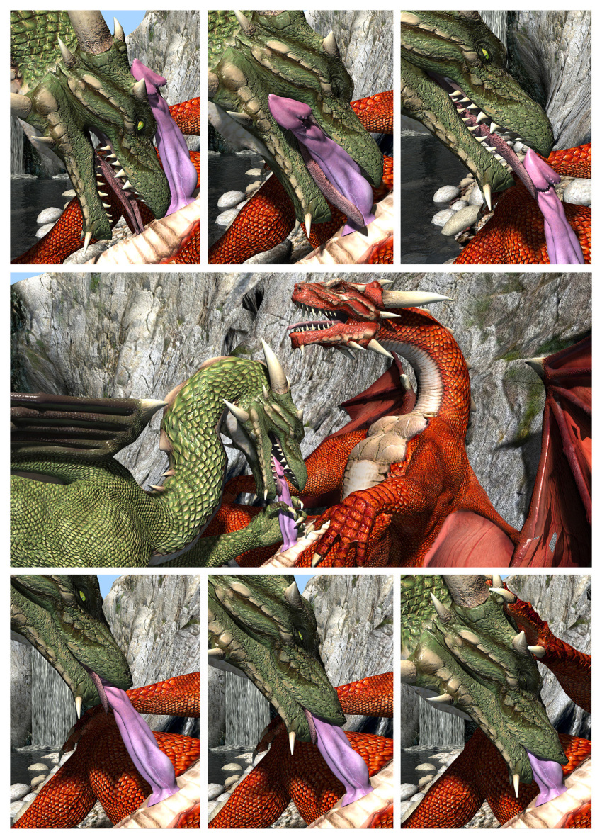 3d 4_fingers anal animal_genitalia anus bridge claws closed_eyes comic dialogue dragon duo english_text erection feral genital_slit green_body green_eyes hi_res horn licking looking_pleasured male oral penis red_body rimming scales scalie sex slit slit_pupils spikes sucking text tongue tongue_out tree vein veiny_penis water western_dragon wings wooky yaoi yellow_eyes