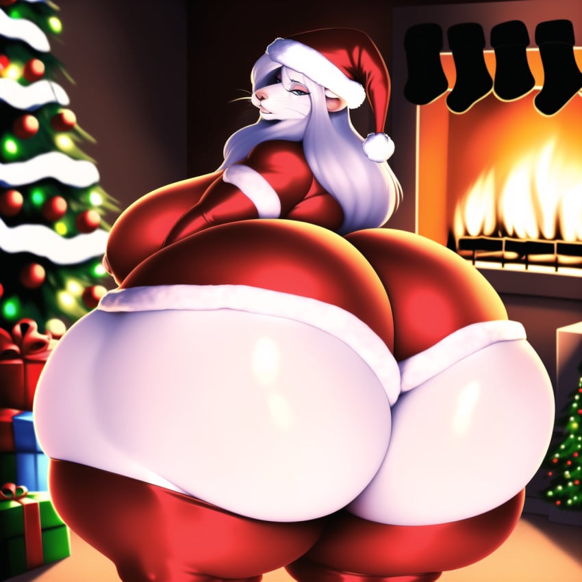 2023 ai ai_generated anthro ass big_ass big_breasts big_butt breasts christmas christmas_outfit chubby chubby_female felicity_thepyromancerfox female female_only ferret ferret_girl looking_back mommy nipples overweight overweight_female thepyromancerfox