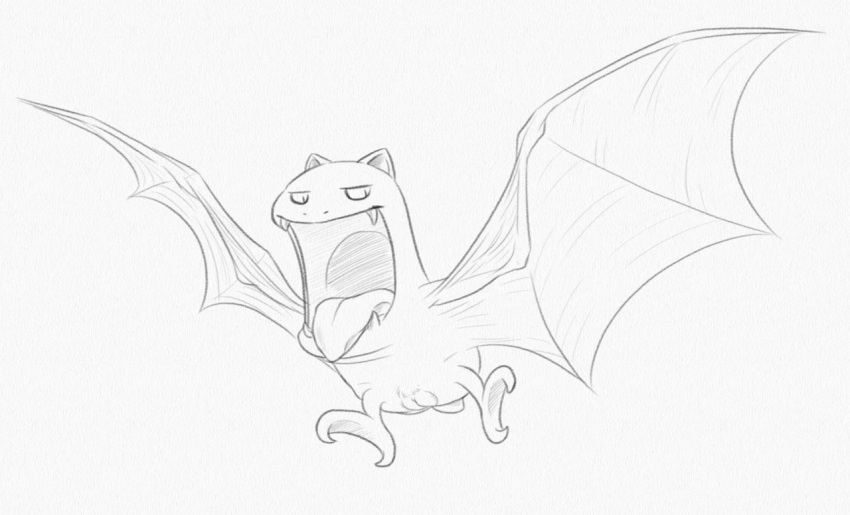 bat female feral golbat mammal monochrome nintendo open_mouth pencil_(artwork) pokémon_(species) pokemon pussy simple_background smile solo tongue tongue_out traditional_media_(artwork) video_games white_background yaroul