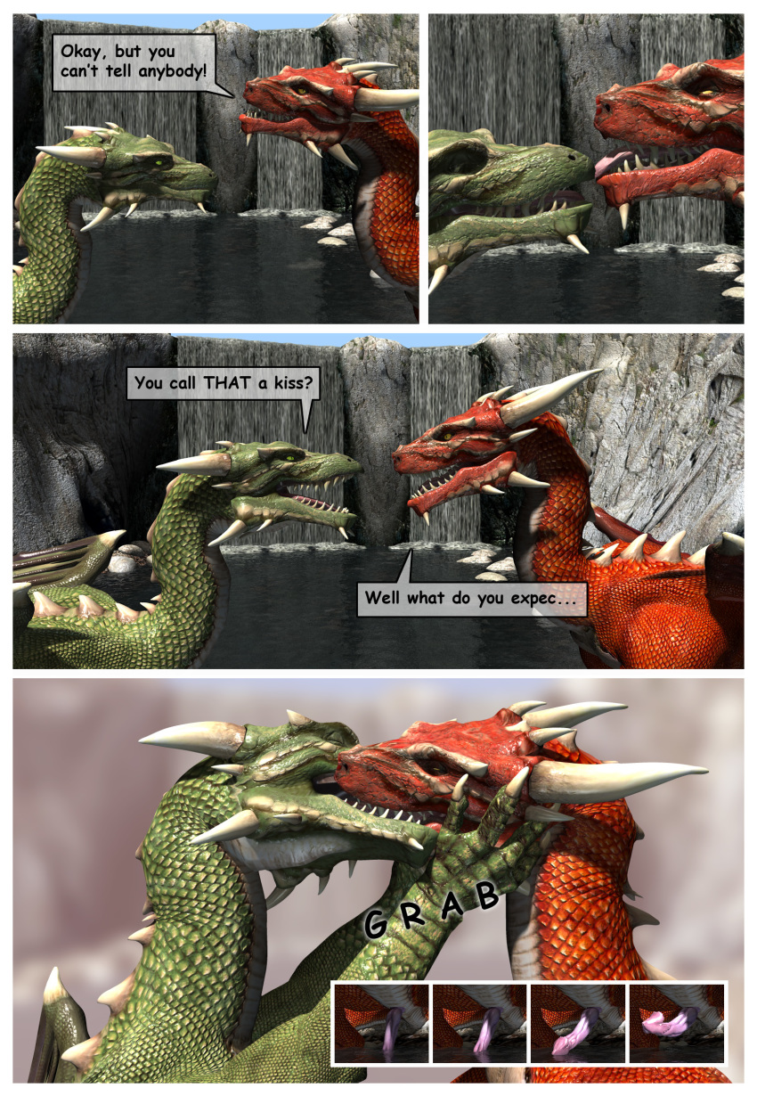 3d 4_fingers bridge claws comic dialogue dragon duo english_text erection eye_contact feral green_body green_eyes hi_res horn kissing licking male penis red_body scales scalie slit_pupils spikes text tongue tongue_out tree water western_dragon wings wooky yaoi yellow_eyes