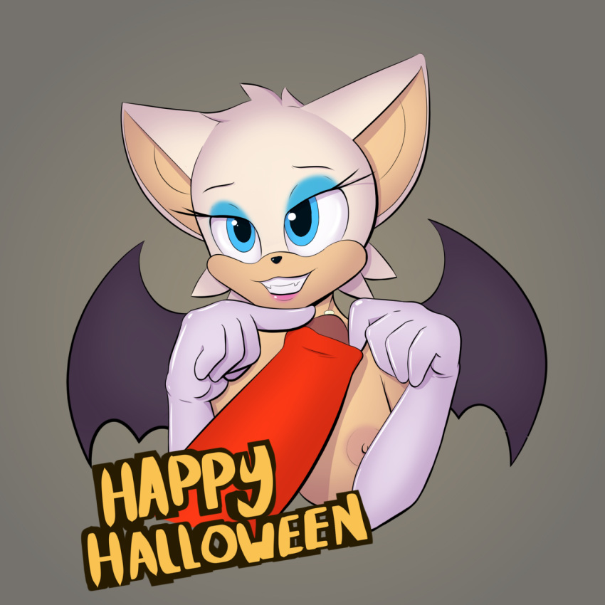 2015 anthro bat blue_eyes breasts clothed clothing elbow_gloves english_text female gloves hair half-dressed mammal nipples paoguu penis rouge_the_bat smile sonic_(series) text topless white_hair