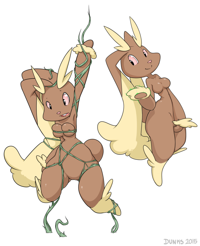 2015 bondage bound breasts dunks female furry hi_res lagomorph long_ears lopunny mammal nintendo nude open_mouth pink_nose pokemon pokemon_(species) pussy rabbit restrained simple_background smile squishy video_games vines yuri