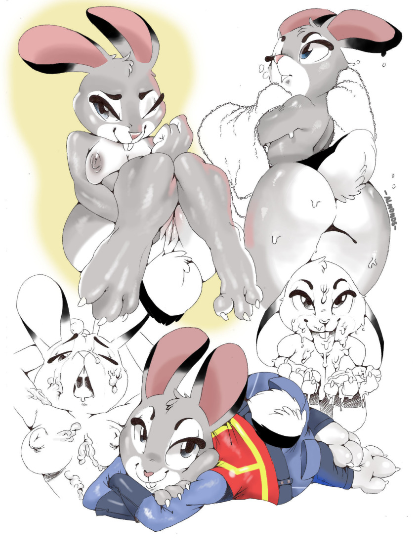 almonds_(artist) anthro areola black_and_white breasts clothing cum disney female fur judy_hopps lagomorph mammal medium_breasts nipples nude pussy rabbit shortstack solo towel zootopia