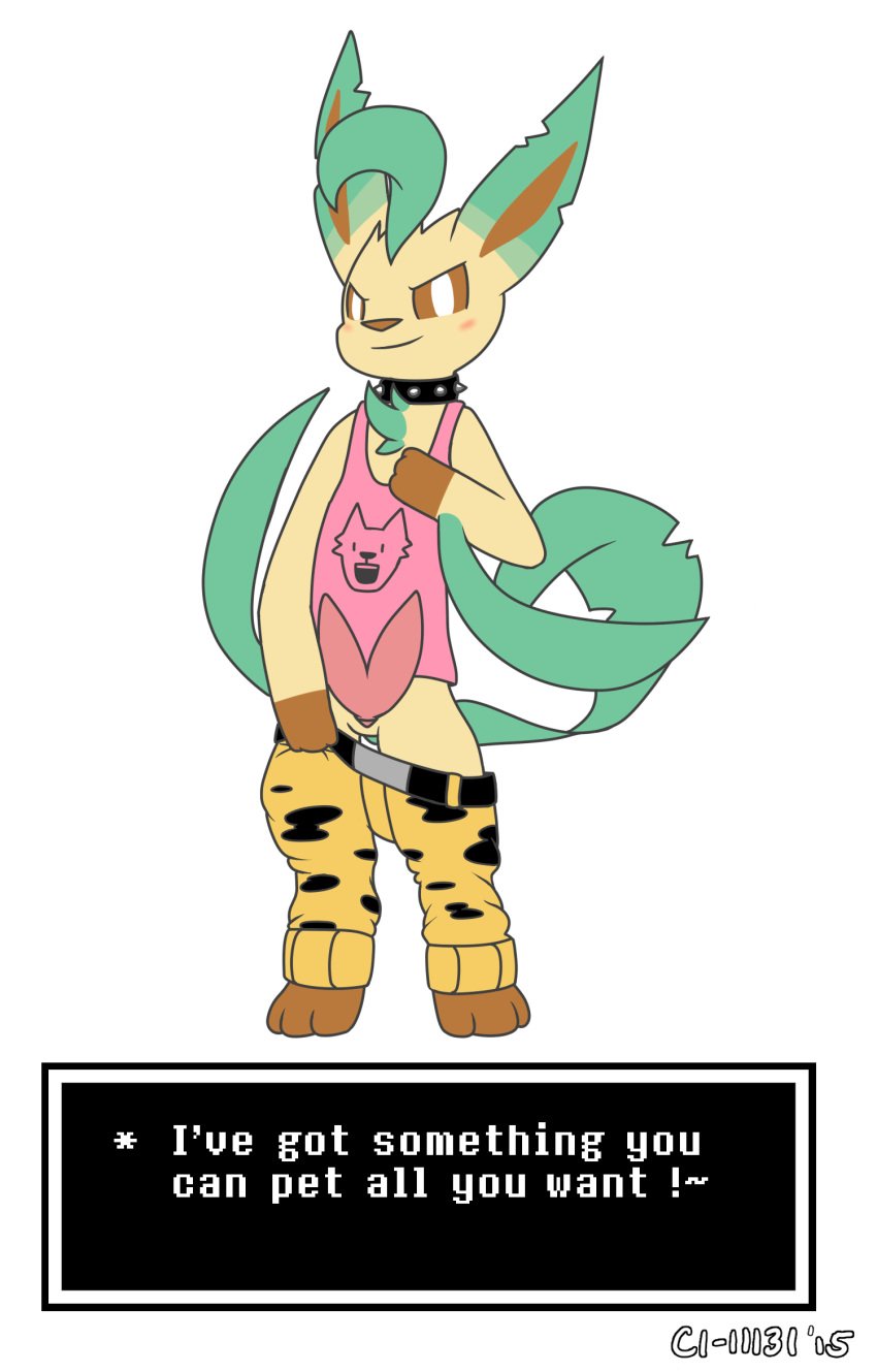 1boy 2015 animal_genitalia anthro blush c1-11131 chibi_leafeon clothed clothing cosplay costume crossover diphallia diphallism eeveelution english_text erection hemipenes leafeon looking_at_viewer male male_only multi_penis nintendo penis pokemon smile solo text undertale video_games