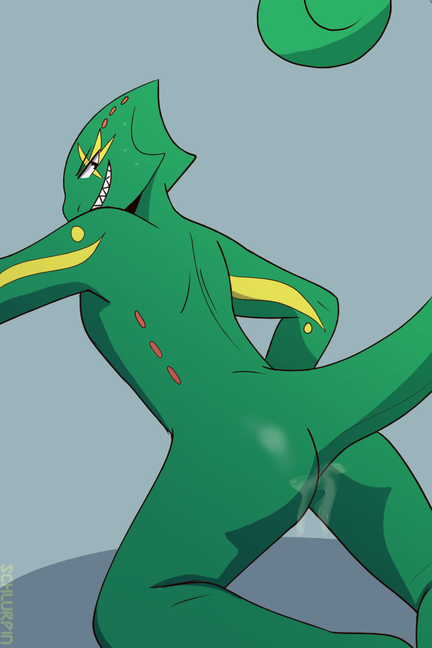 2018 after_sex anthro ass cel_shading chameleon cum cum_on_ass green_scales inviting kneeling leon_powalski lizard looking_back male nintendo nude rear_view reptile scales scalie schlurpin simple_background star_fox sweat toony video_games yaoi