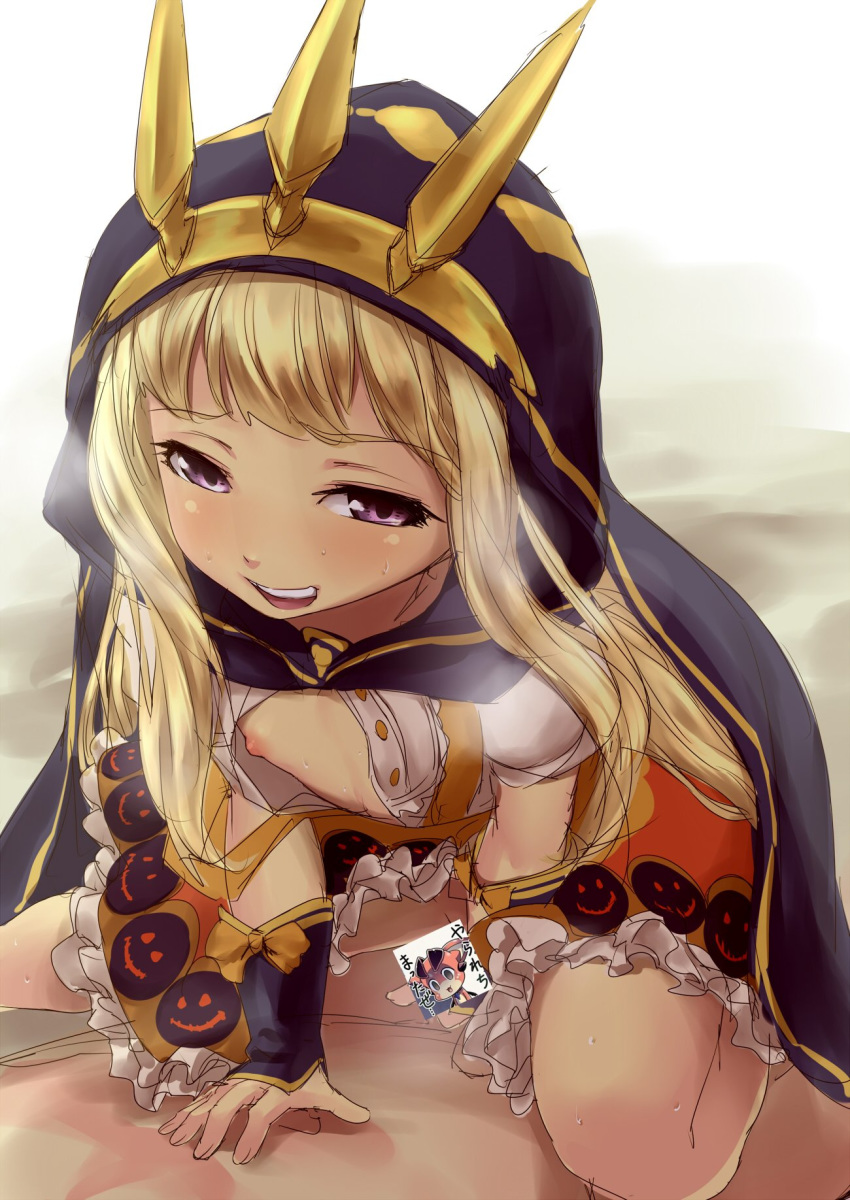 :d blush cagliostro_(granblue_fantasy) censored female flat_chest granblue_fantasy halloween highres hood long_hair masturbation nekotama1987 nipples novelty_censor open_mouth smile solo vee_(granblue_fantasy)