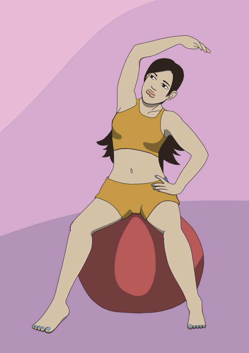 asian_female black_hair clothed exercise_ball exercise_clothing full_color long_hair no_sex