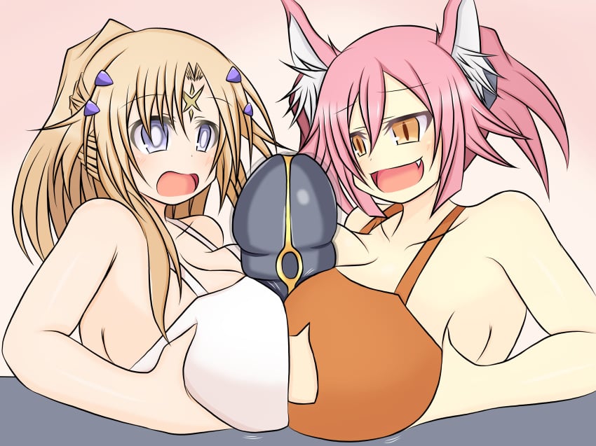 2girls blonde_hair cat_ears dildo duel_monster ecclesia_(yu-gi-oh!) facial_marking fake_boobjob golden_eyes gray_eyes hair_ornament kamibayashi_mi large_breasts lingerie_bra pink_hair ponytail tri-brigade_kitt twintails yu-gi-oh!