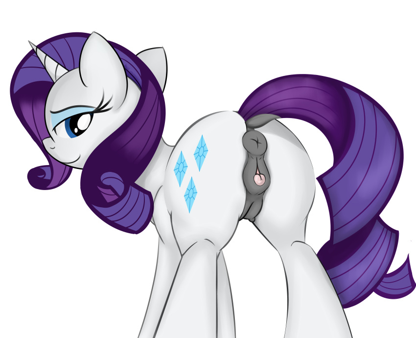 2015 absurd_res anus ardupi ass blue_eyes clitoris crotchboobs cutie_mark dock equine eyeshadow female feral friendship_is_magic hair hi_res horn long_hair makeup mammal my_little_pony purple_hair pussy rarity_(mlp) simple_background smile solo unicorn white_background