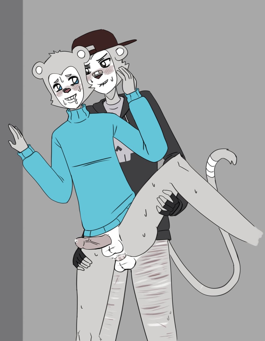 2boys :3 blue_eyes brown_eyes duncan_(max_design_pro) fucked_from_behind furry furry_male furry_only gay gay_sex jimmy_(max_design_pro) leg_grab leg_lift leg_up maxdesignpro monkey monkey_boy ren_mushroom scars selfharm_scars standing_on_one_leg