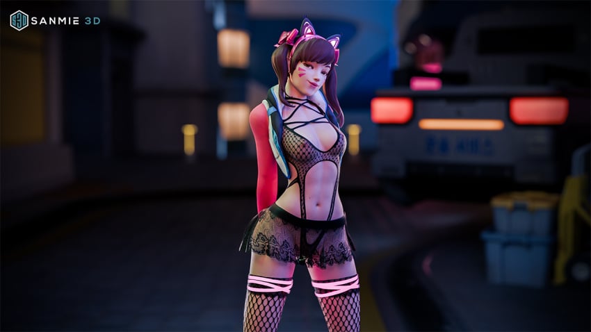 1girls 3d d.va female female_only lingerie monokini neon overwatch sanmie3d see-through see-through_clothing skirt solo tagme