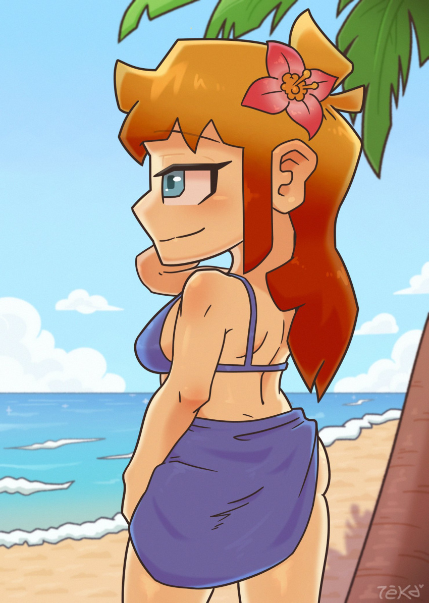 1female 1girls ass_peek back back_view beach blue_eyes breasts female_focus flower flower_in_hair jpeg palm_tree sand sky teka77909771 tree water