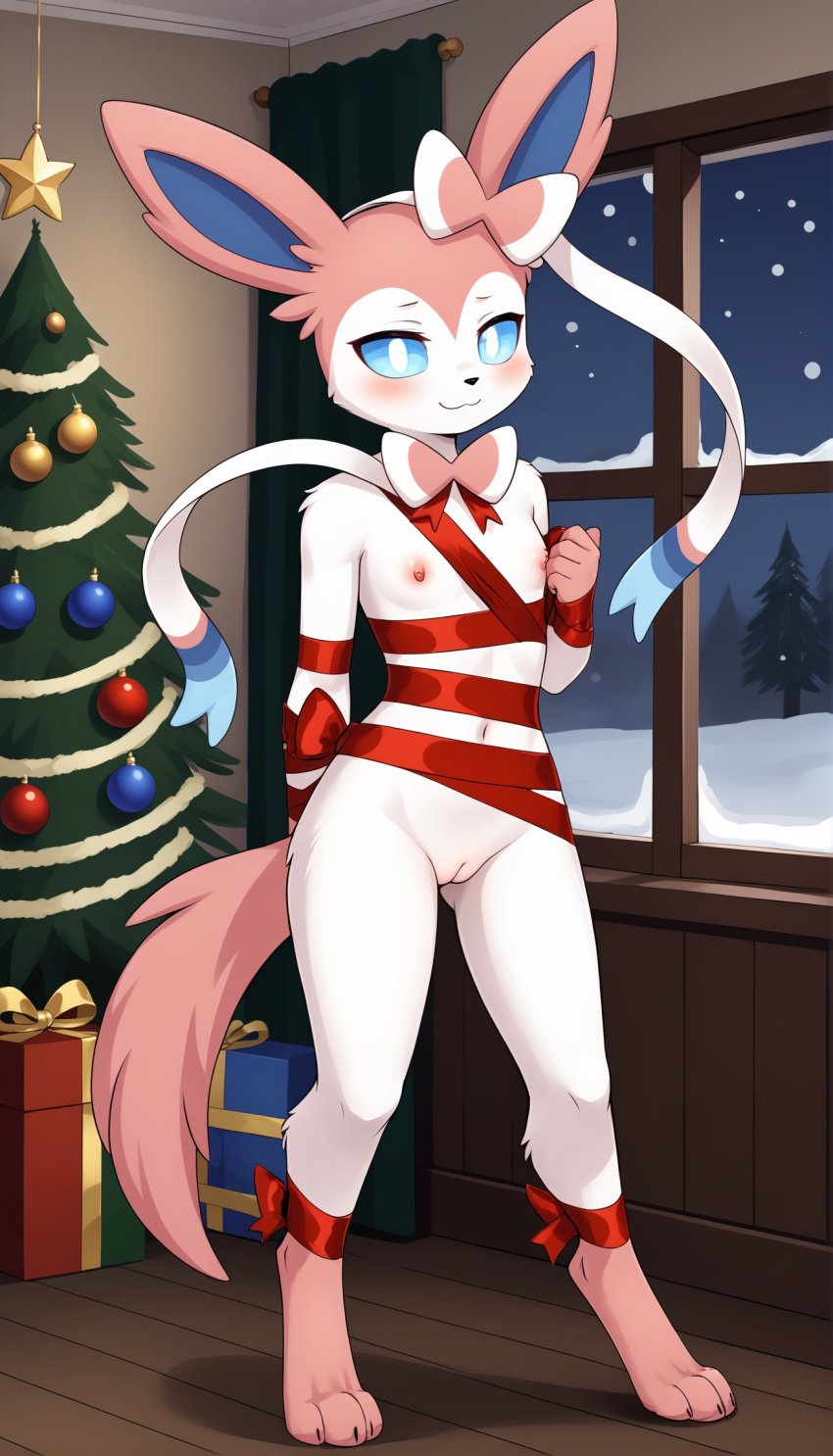 1girls 2024 ai_generated anthro bedroom_eyes blue_eyes blushing blushing_at_viewer bow christmas christmas_tree digitigrade eeveelution female female_only flat_chest generation_6_pokemon hi_res holidays indoors innie_pussy looking_at_viewer night nintendo nude nude_female pink_fur pink_nipples pokemon pokemon_(species) pussy ribbon ribboned_body smile snow snowing sylveon white_fur