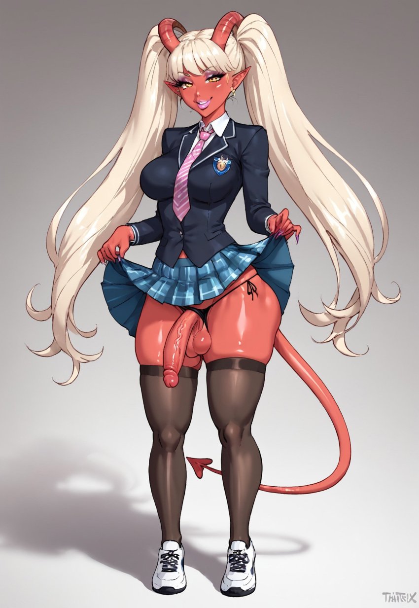 1futa ai_generated demon_horns demon_tail erect_penis futa_focus futa_only futanari lifting_skirt long_hair long_stockings looking_at_viewer makeup naughty_face oc pointy_ears presenting_penis red_skin school_uniform thick_thighs thong twintails veiny_penis yellow_eyes