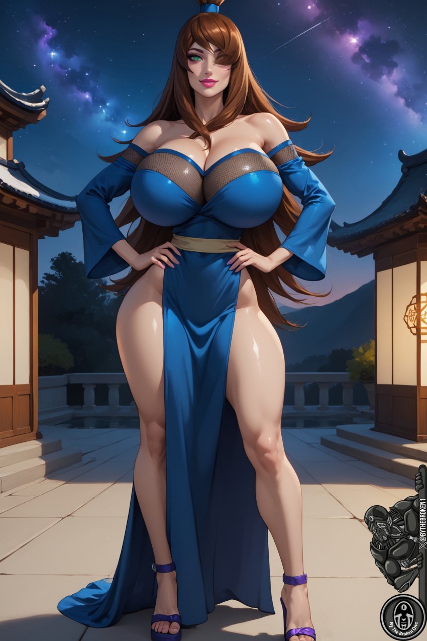 ai_generated anime auburn_hair babe bangs bewitching_thighs big_breasts bimbo brunette bythebrokenone cleavage cleavage_dress female_focus hairtie hands_on_hips high_heels kimono lantern looking_at_viewer mei_terumi naruto_(series) naruto_shippuden night night_sky off_shoulder_kimono one_eye_covered plump_breasts sexually_suggestive sexy smiling_at_viewer smug smug_grin solo_female starry_sky stars temple voluptuous voluptuous_female woman